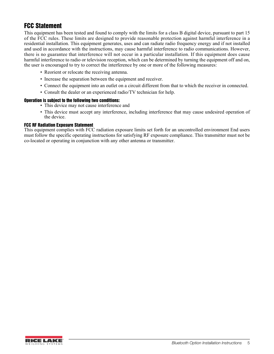 Fcc statement, Fcc rf radiation exposure statement | Rice Lake CLS-420 Cargo Lift Scale - Bluetooth Option User Manual | Page 5 / 6