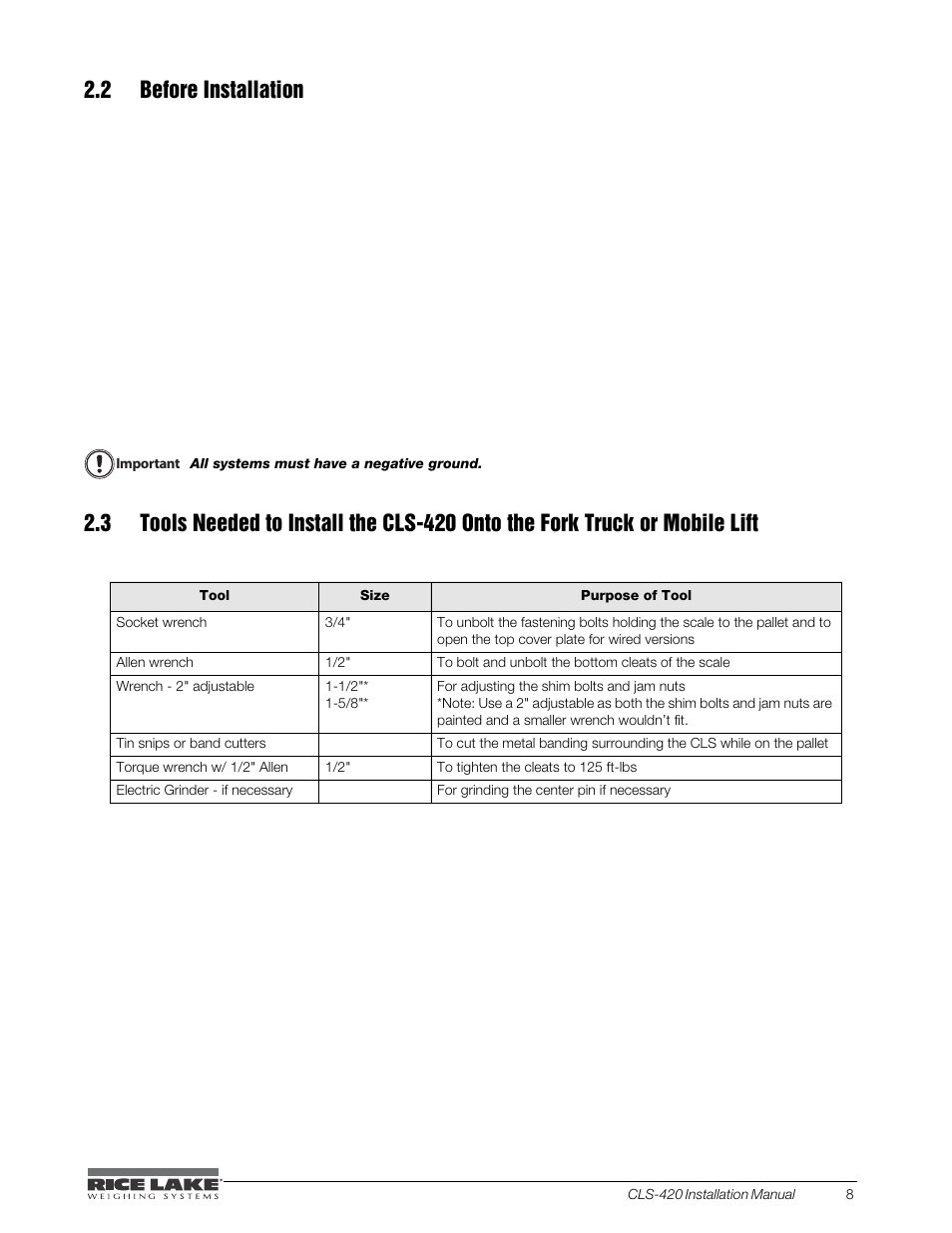 2 before installation | Rice Lake CLS-420 Cargo Lift Scale Installation Manual User Manual | Page 13 / 66