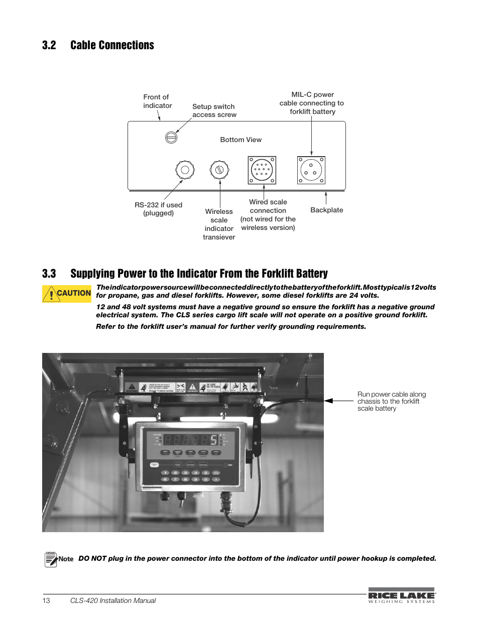 2 cable connections | Rice Lake CLS-420 Cargo Lift Scale Installation Manual User Manual | Page 18 / 66