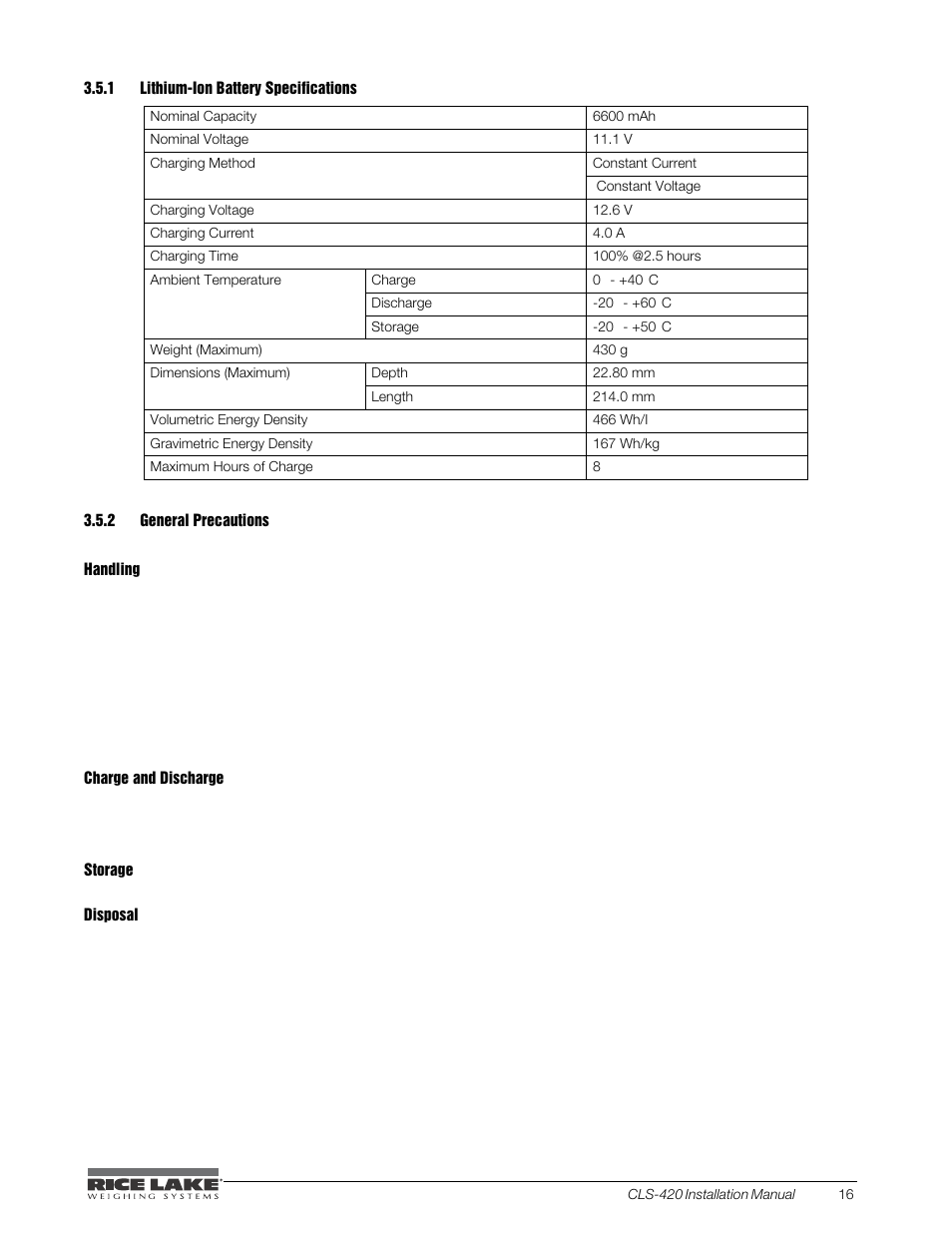 1 lithium-ion battery specifications, 2 general precautions, Lithium-ion battery specifications | General precautions | Rice Lake CLS-420 Cargo Lift Scale Installation Manual User Manual | Page 21 / 66