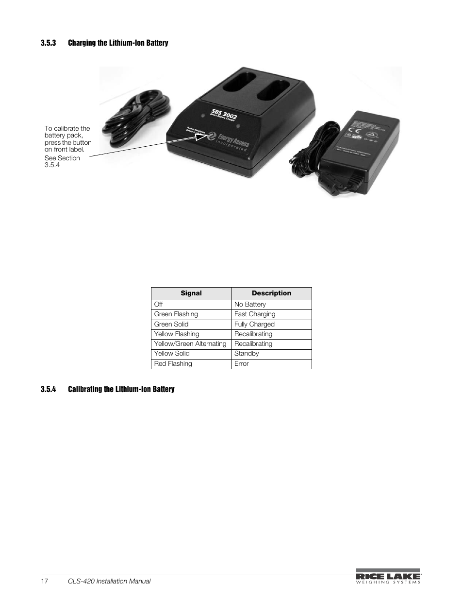 3 charging the lithium-ion battery, 4 calibrating the lithium-ion battery, Charging the lithium-ion battery | Calibrating the lithium-ion battery | Rice Lake CLS-420 Cargo Lift Scale Installation Manual User Manual | Page 22 / 66