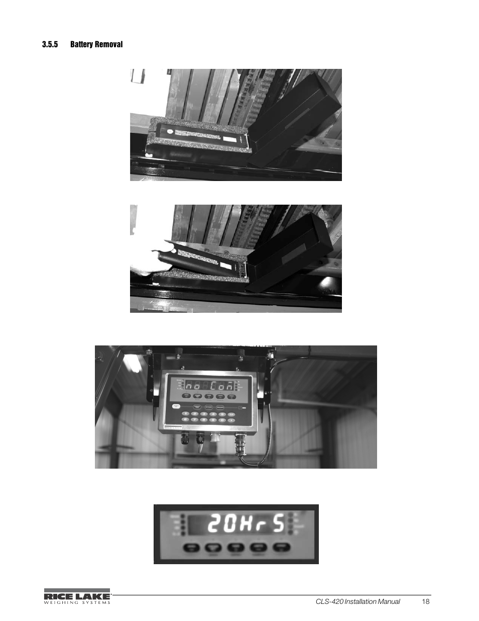 5 battery removal, Battery removal | Rice Lake CLS-420 Cargo Lift Scale Installation Manual User Manual | Page 23 / 66