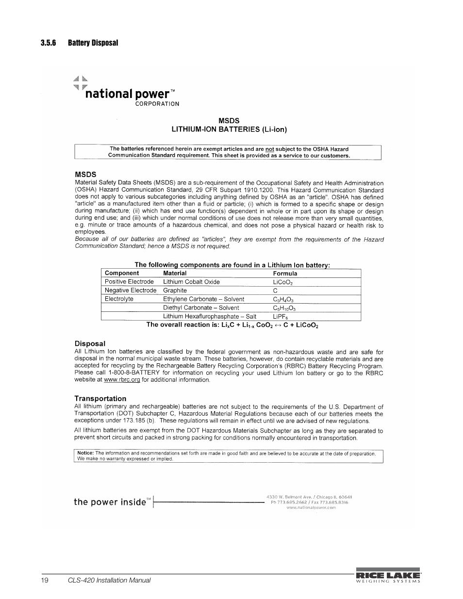 6 battery disposal, Battery disposal | Rice Lake CLS-420 Cargo Lift Scale Installation Manual User Manual | Page 24 / 66