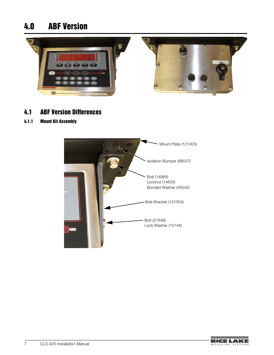 0 abf version, 1 abf version differences, 1 mount kit assembly | Abf version, Mount kit assembly | Rice Lake CLS-420 Cargo Lift Scale Installation Manual User Manual | Page 26 / 66