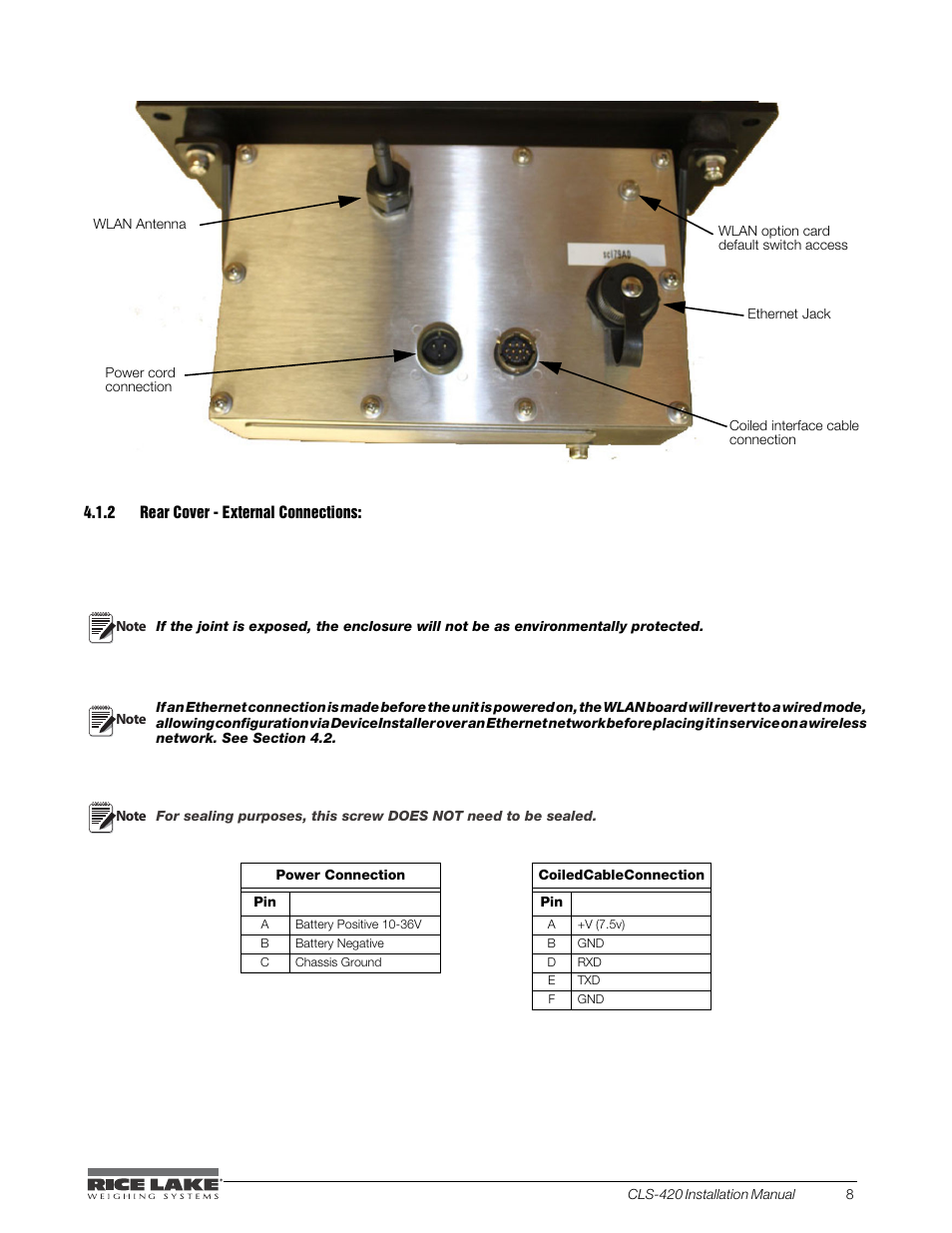 2 rear cover - external connections, Rear cover - external connections | Rice Lake CLS-420 Cargo Lift Scale Installation Manual User Manual | Page 27 / 66