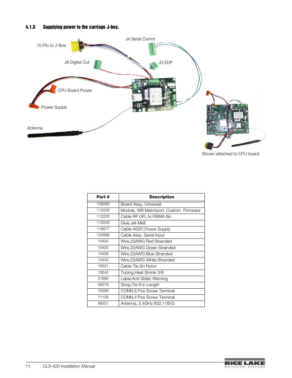 5 supplying power to the carriage j-box, Supplying power to the carriage j-box | Rice Lake CLS-420 Cargo Lift Scale Installation Manual User Manual | Page 30 / 66