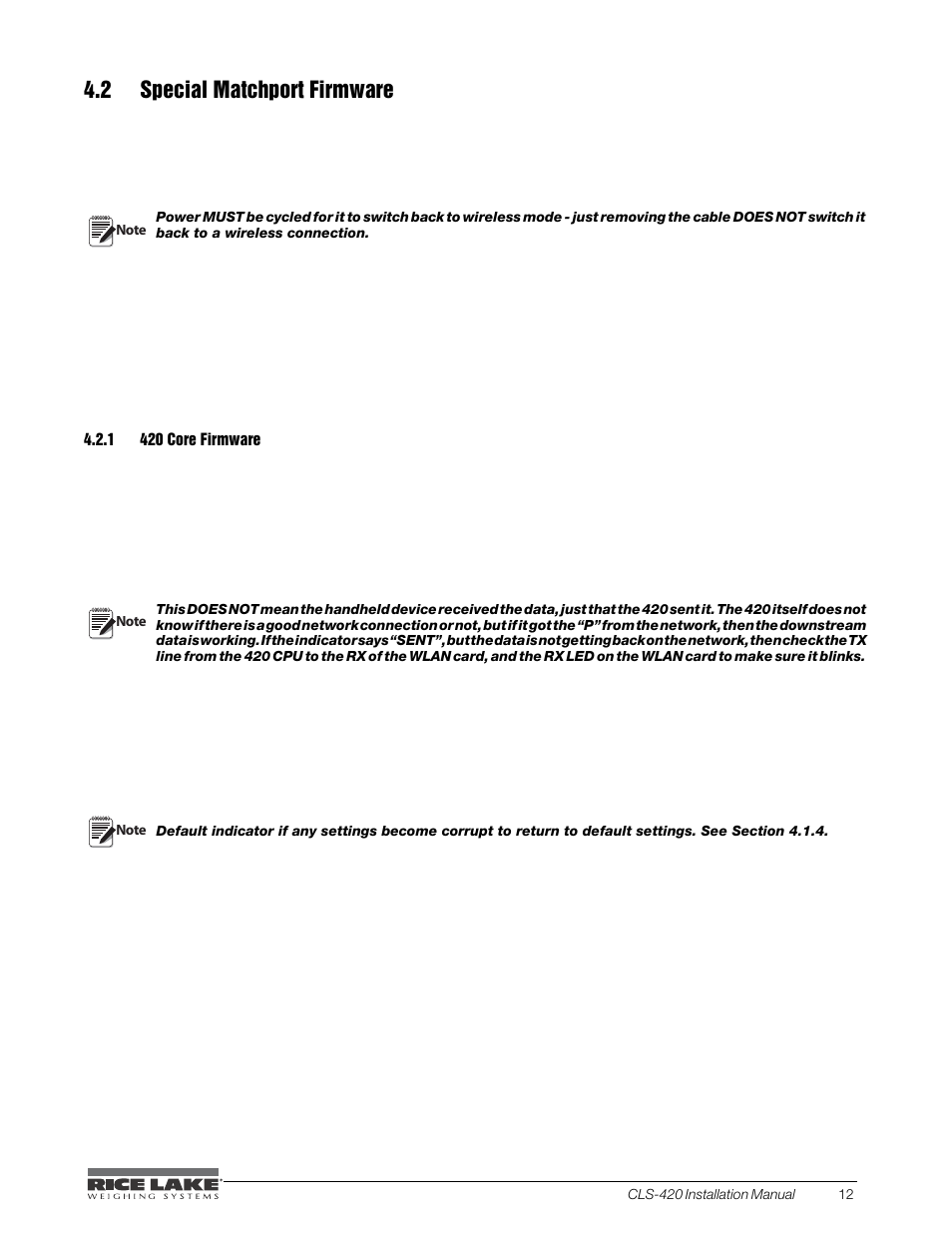 2 special matchport firmware, 1 420 core firmware, 420 core firmware | Section | Rice Lake CLS-420 Cargo Lift Scale Installation Manual User Manual | Page 31 / 66