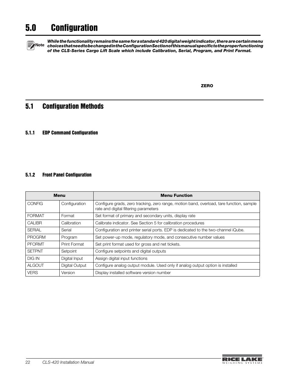 0 configuration, 1 configuration methods, 1 edp command configuration | 2 front panel configuration, Configuration, Configuration methods, Edp command configuration, Front panel configuration | Rice Lake CLS-420 Cargo Lift Scale Installation Manual User Manual | Page 32 / 66