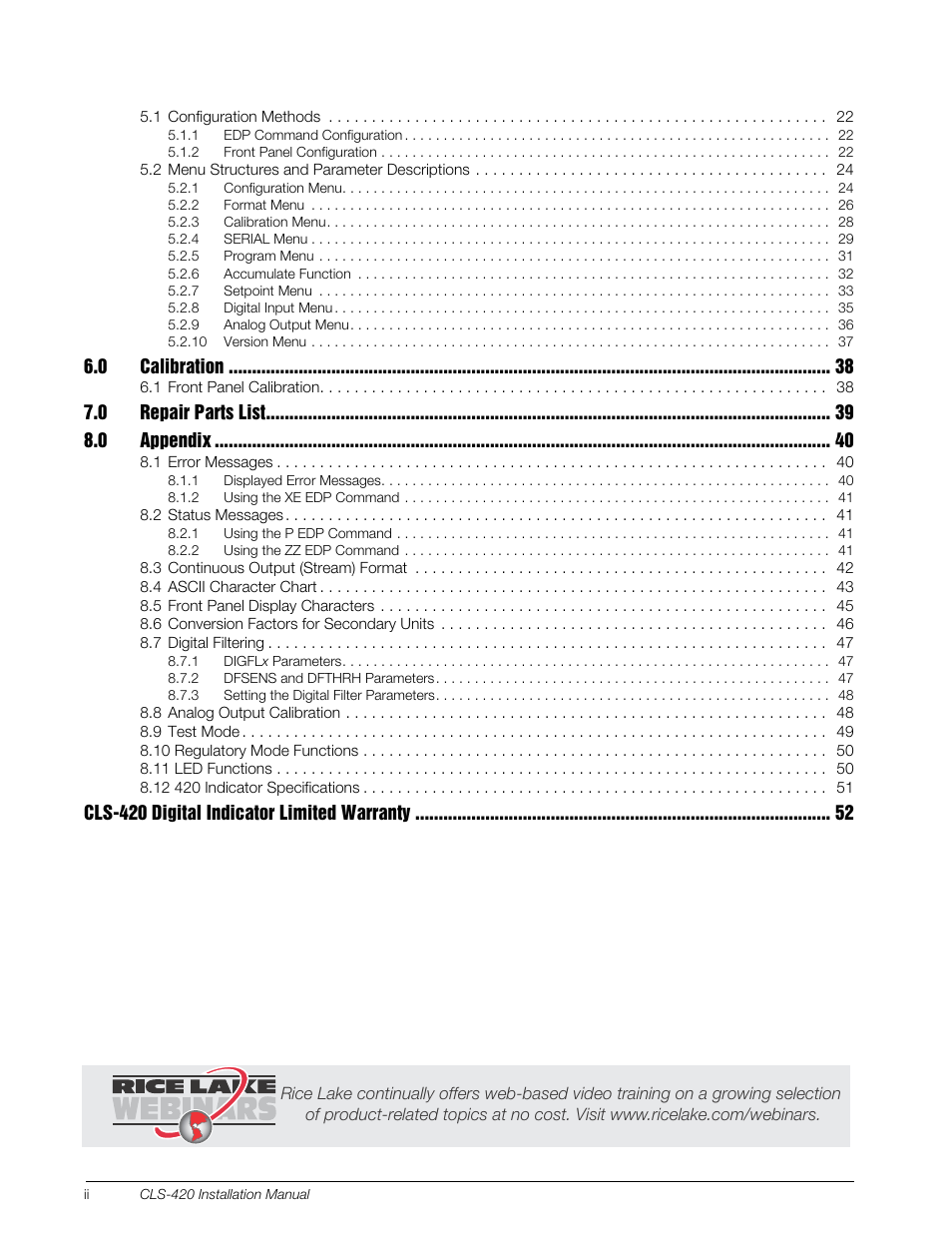 0 calibration, 0 repair parts list 8.0 appendix, Cls-420 digital indicator limited warranty | Rice Lake CLS-420 Cargo Lift Scale Installation Manual User Manual | Page 4 / 66