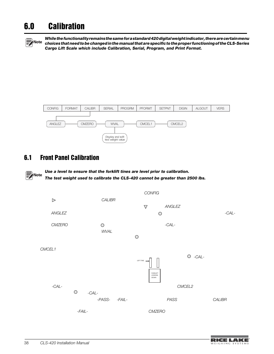 0 calibration, 1 front panel calibration, Calibration | Section | Rice Lake CLS-420 Cargo Lift Scale Installation Manual User Manual | Page 48 / 66