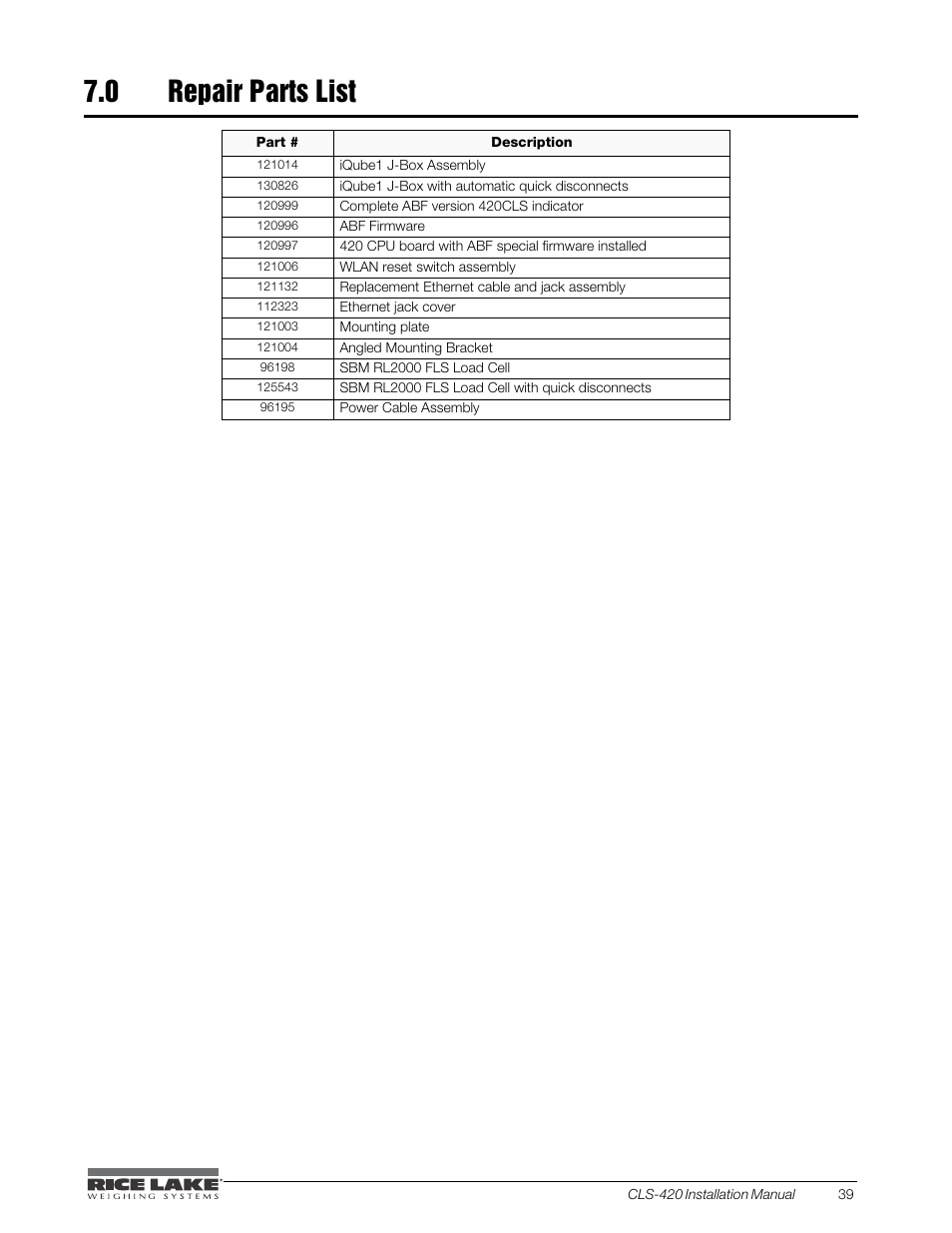 0 repair parts list, Repair parts list | Rice Lake CLS-420 Cargo Lift Scale Installation Manual User Manual | Page 49 / 66