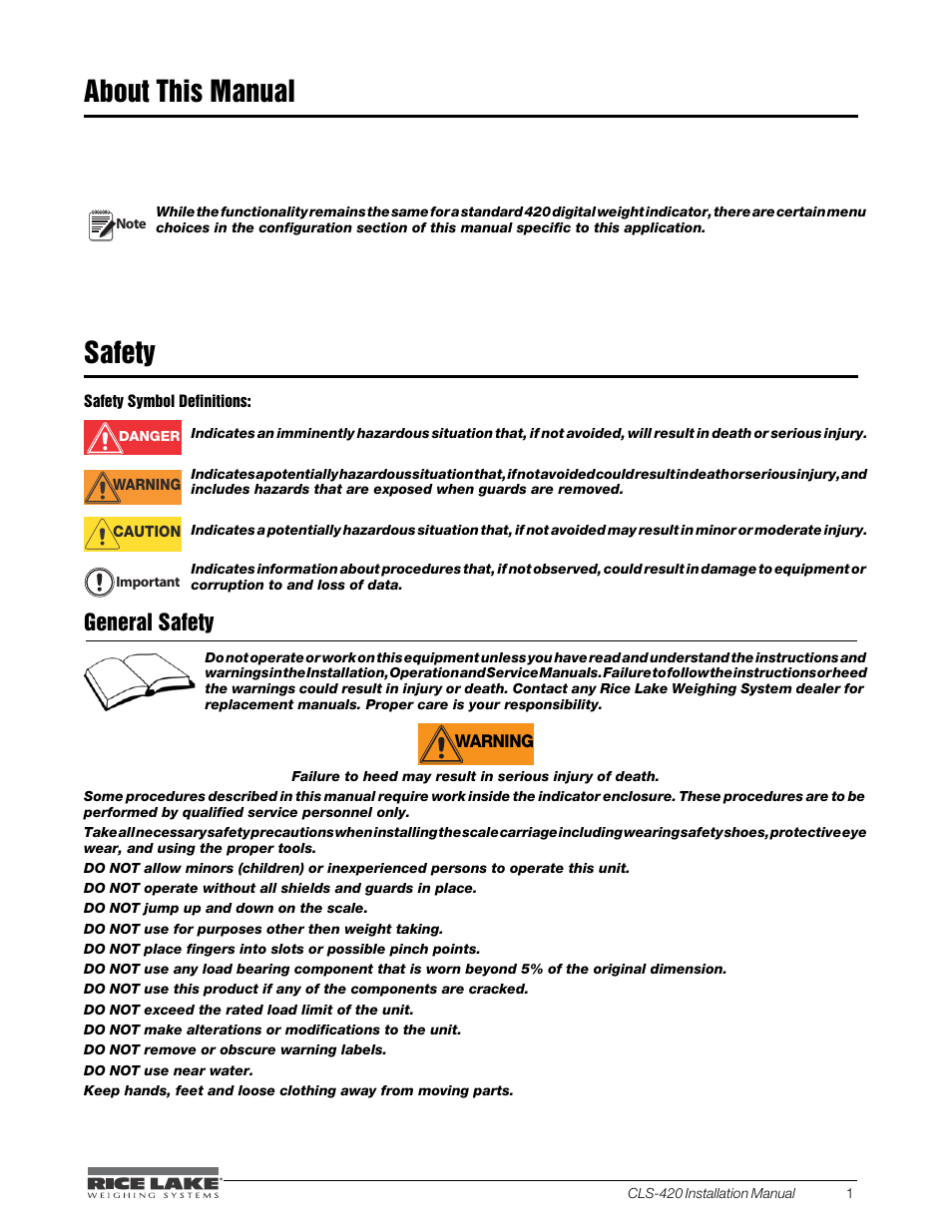 About this manual, Safety, About this manual safety | General safety | Rice Lake CLS-420 Cargo Lift Scale Installation Manual User Manual | Page 5 / 66