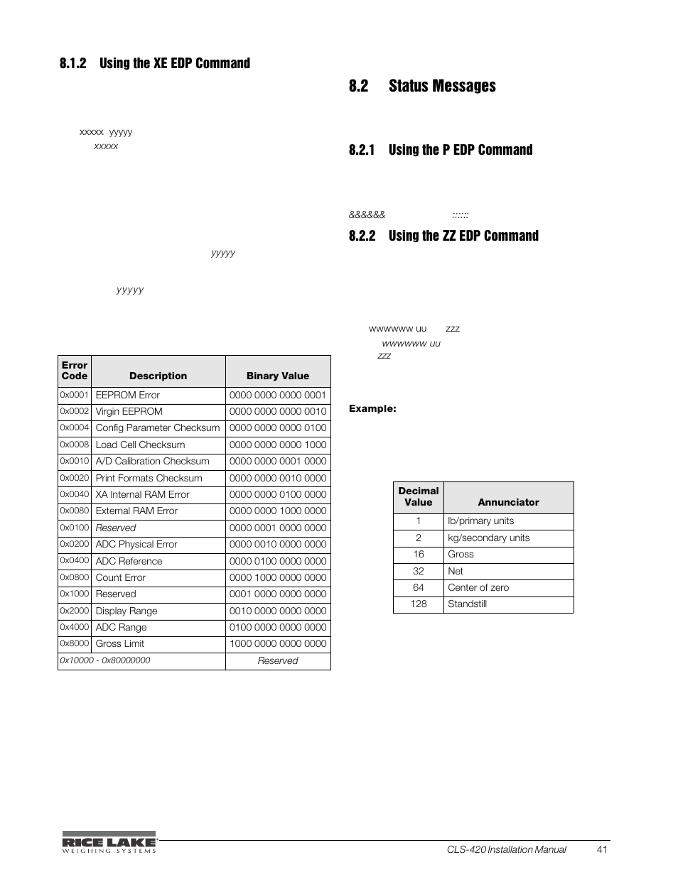 2 using the xe edp command, 2 status messages, 1 using the p edp command | 2 using the zz edp command, Using the xe edp command, Using the p edp command, Using the zz edp command, Section, 2 on, 41) to determine error type | Rice Lake CLS-420 Cargo Lift Scale Installation Manual User Manual | Page 51 / 66