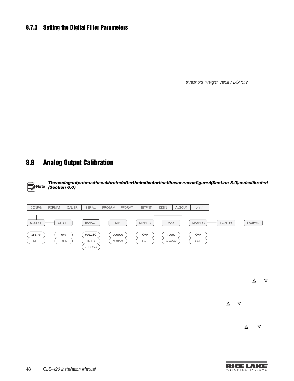 8 analog output calibration, 3 setting the digital filter parameters | Rice Lake CLS-420 Cargo Lift Scale Installation Manual User Manual | Page 58 / 66