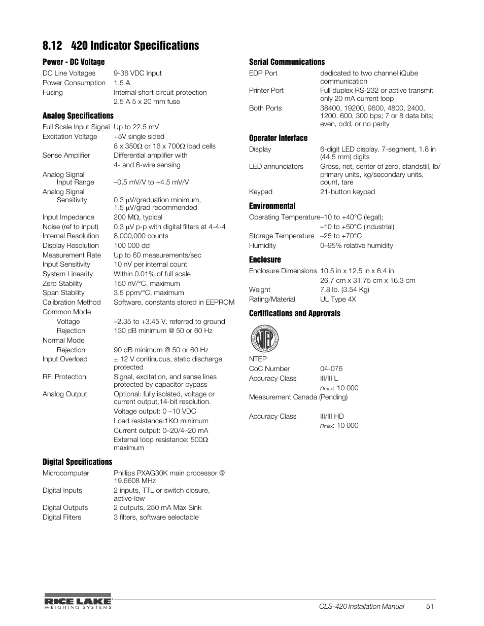 12 420 indicator specifications | Rice Lake CLS-420 Cargo Lift Scale Installation Manual User Manual | Page 61 / 66