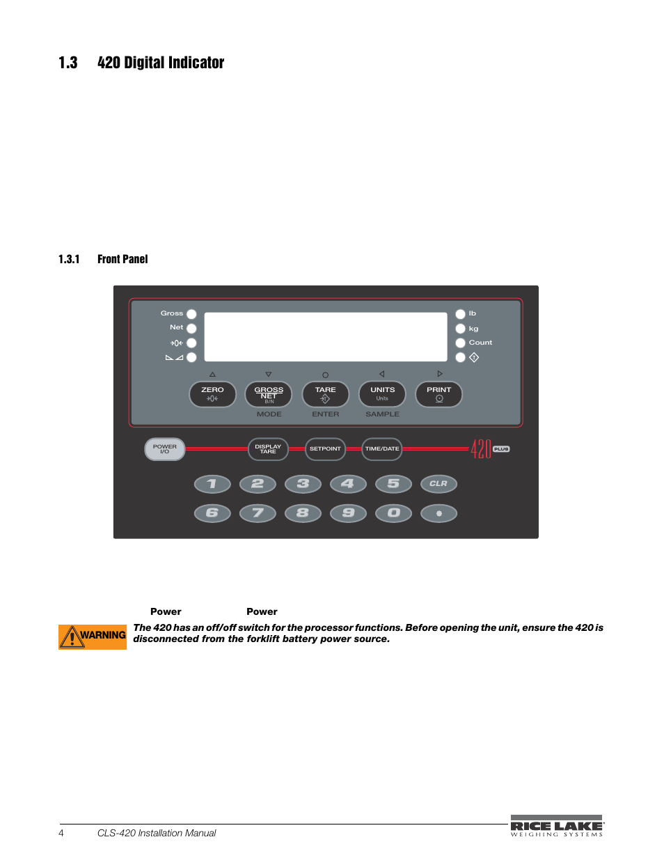 3 420 digital indicator, Key. use the, Key to turn the indicator on or off | Rice Lake CLS-420 Cargo Lift Scale Installation Manual User Manual | Page 8 / 66