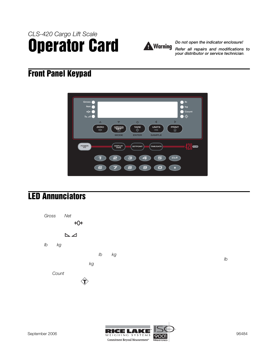 Rice Lake CLS-420 Cargo Lift Scale Operator Card User Manual | 2 pages