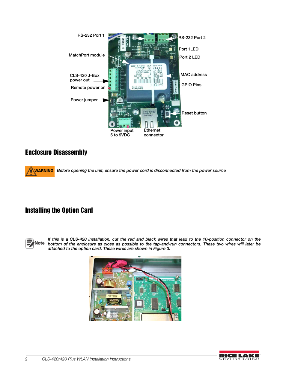 Enclosure disassembly, Installing the option card | Rice Lake CLS-420/420Plus WLAN User Manual | Page 2 / 8