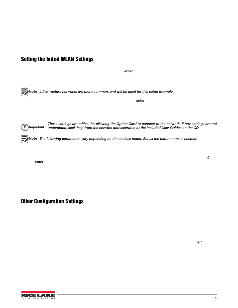 Setting the initial wlan settings, Other configuration settings | Rice Lake CLS-420/420Plus WLAN User Manual | Page 5 / 8