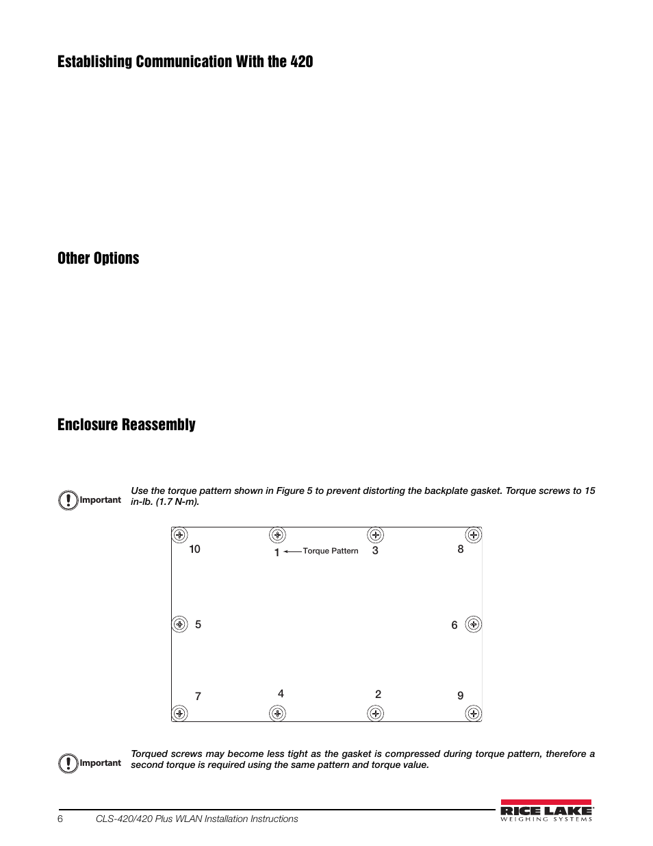 Establishing communication with the 420, Other options, Enclosure reassembly | Rice Lake CLS-420/420Plus WLAN User Manual | Page 6 / 8