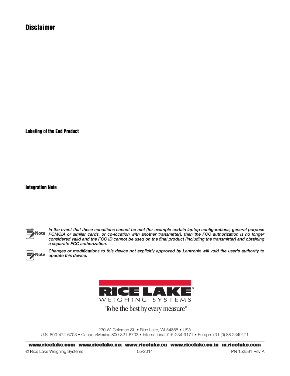 Disclaimer | Rice Lake CLS-420/420Plus WLAN User Manual | Page 8 / 8