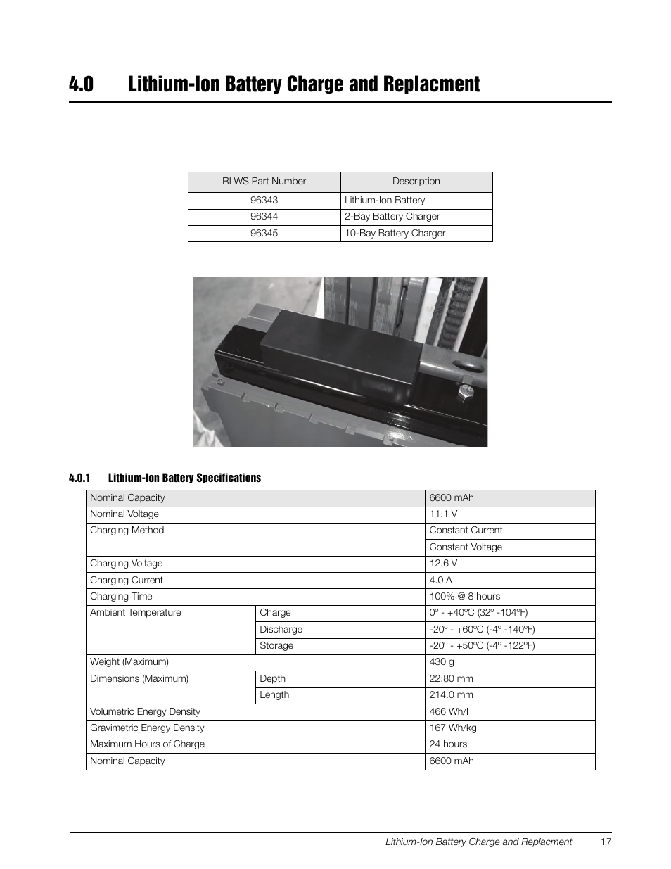 0 lithium-ion battery charge and replacment, 1 lithium-ion battery specifications, Lithium-ion battery charge and replacment | Lithium-ion battery specifications | Rice Lake Lift Truck/Pallet Jack Scales - CLS-Series User Manual | Page 21 / 46