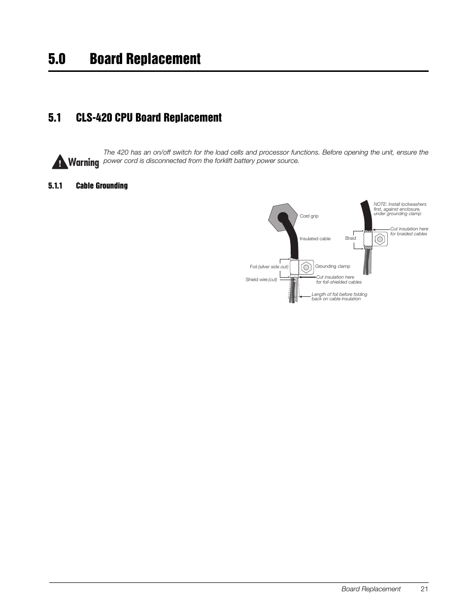 0 board replacement, 1 cls-420 cpu board replacement, 1 cable grounding | Board replacement, Cable grounding, Warning | Rice Lake Lift Truck/Pallet Jack Scales - CLS-Series User Manual | Page 25 / 46