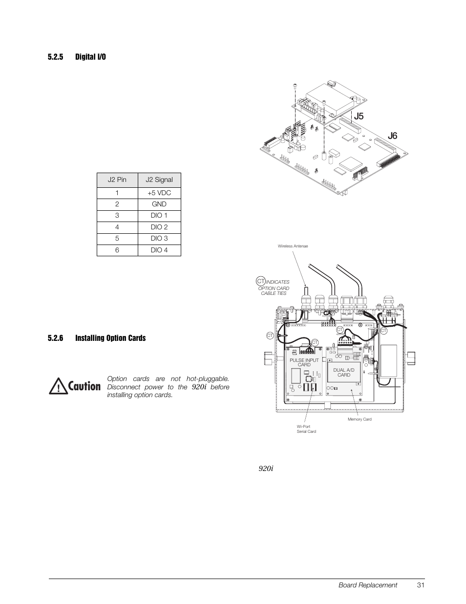 5 digital i/o, 6 installing option cards, Digital i/o | Installing option cards, Aution | Rice Lake Lift Truck/Pallet Jack Scales - CLS-Series User Manual | Page 35 / 46