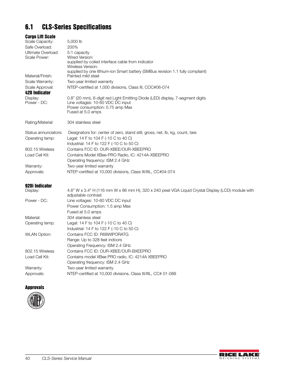 1 cls-series specifications, Cargo lift scale, 420 indicator | 920i indicator, Approvals | Rice Lake Lift Truck/Pallet Jack Scales - CLS-Series User Manual | Page 44 / 46