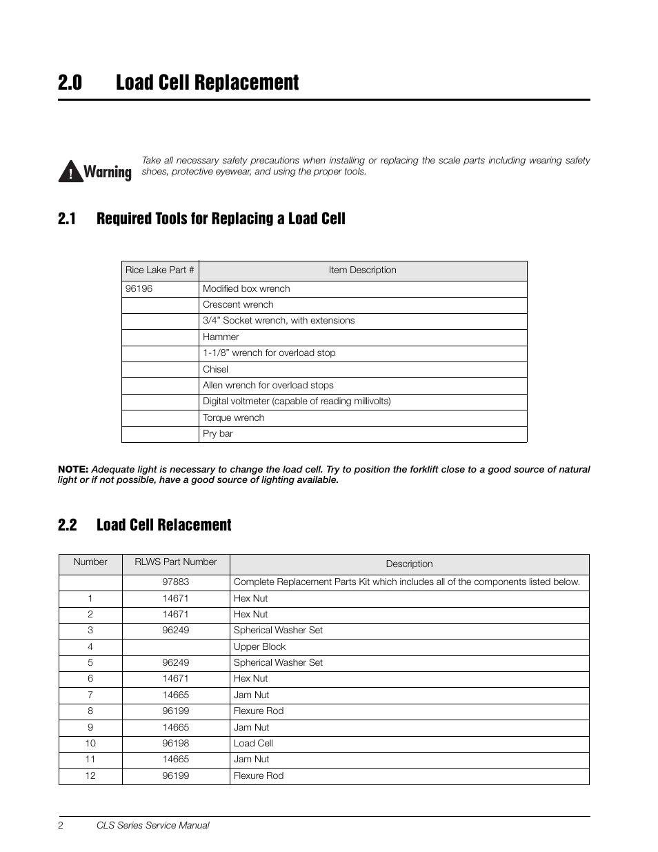 0 load cell replacement, 1 required tools for replacing a load cell, 2 load cell relacement | Load cell replacement, 7arning | Rice Lake Lift Truck/Pallet Jack Scales - CLS-Series User Manual | Page 6 / 46