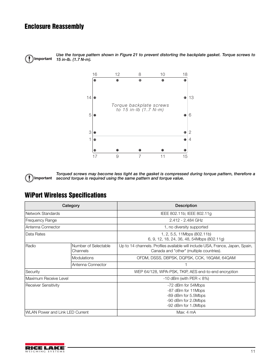 Enclosure reassembly, Wiport wireless specifications | Rice Lake CLS-920 WLAN Option User Manual | Page 11 / 14