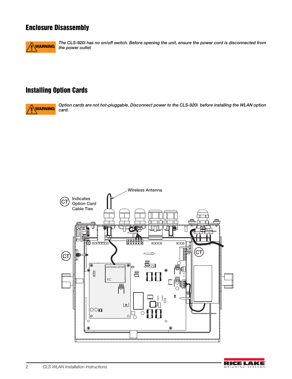 Enclosure disassembly, Installing option cards | Rice Lake CLS-920 WLAN Option User Manual | Page 2 / 14