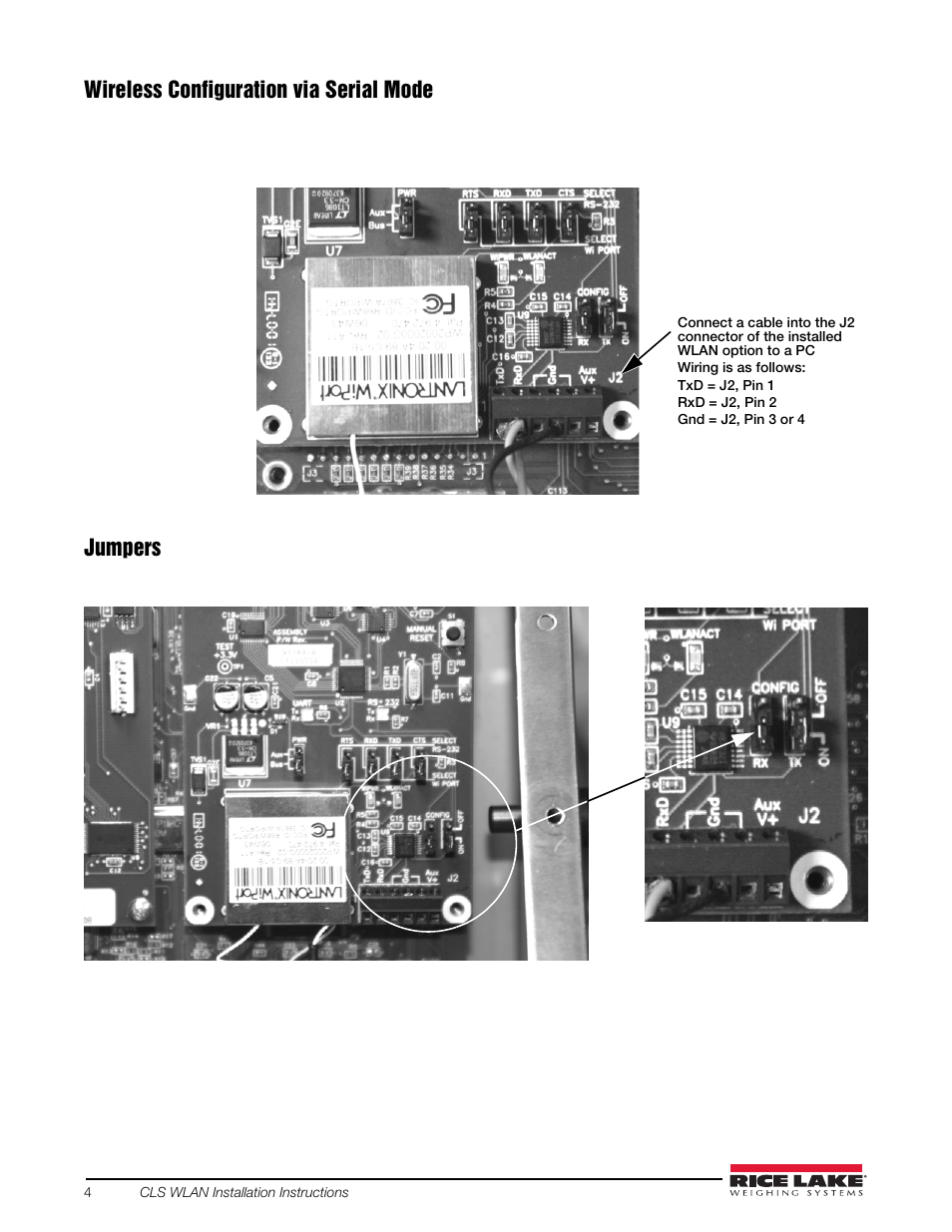 Wireless configuration via serial mode, Jumpers | Rice Lake CLS-920 WLAN Option User Manual | Page 4 / 14