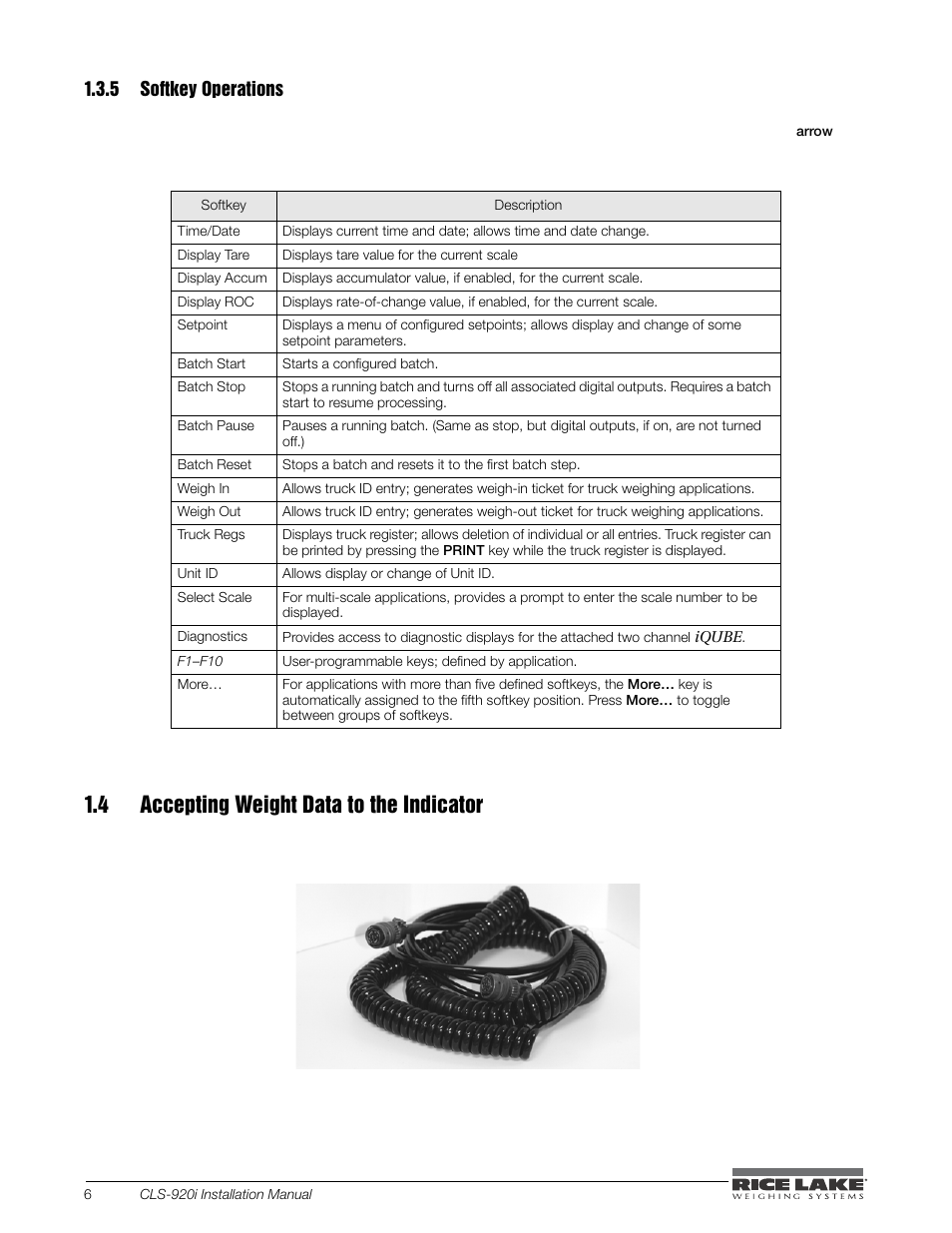 5 softkey operations, 4 accepting weight data to the indicator, Softkey operations | Rice Lake CLS-920i Cargo Lift Scale Installation Manual User Manual | Page 10 / 98