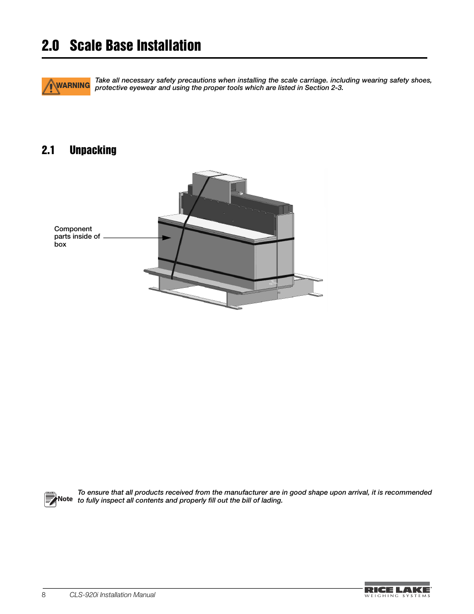 0 scale base installation, 1 unpacking, Scale base installation | Rice Lake CLS-920i Cargo Lift Scale Installation Manual User Manual | Page 12 / 98