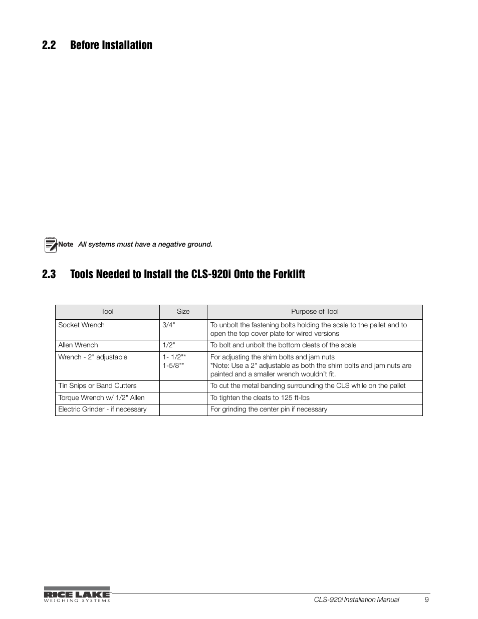 2 before installation | Rice Lake CLS-920i Cargo Lift Scale Installation Manual User Manual | Page 13 / 98