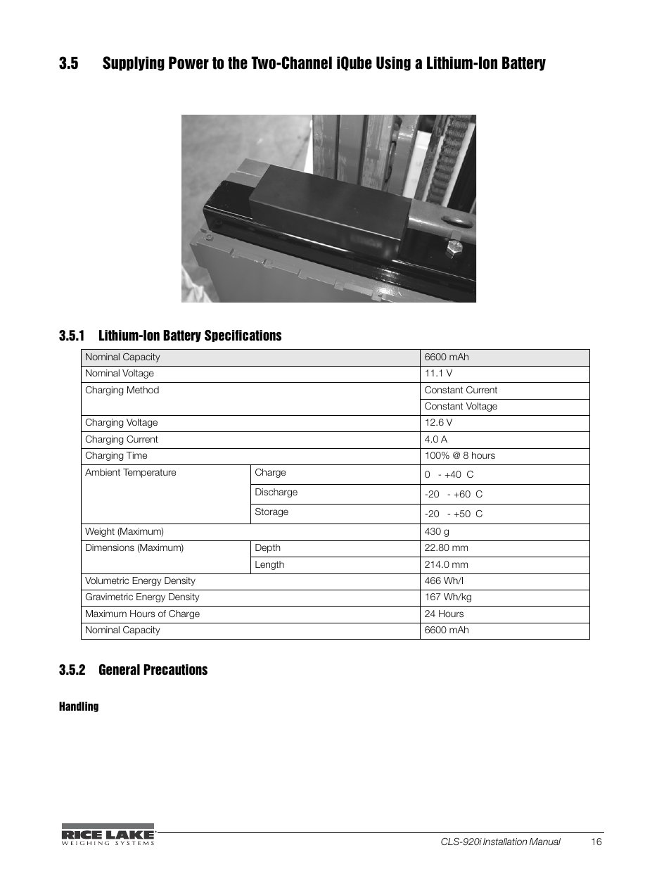 1 lithium-ion battery specifications, 2 general precautions, Lithium-ion battery specifications | General precautions | Rice Lake CLS-920i Cargo Lift Scale Installation Manual User Manual | Page 21 / 98