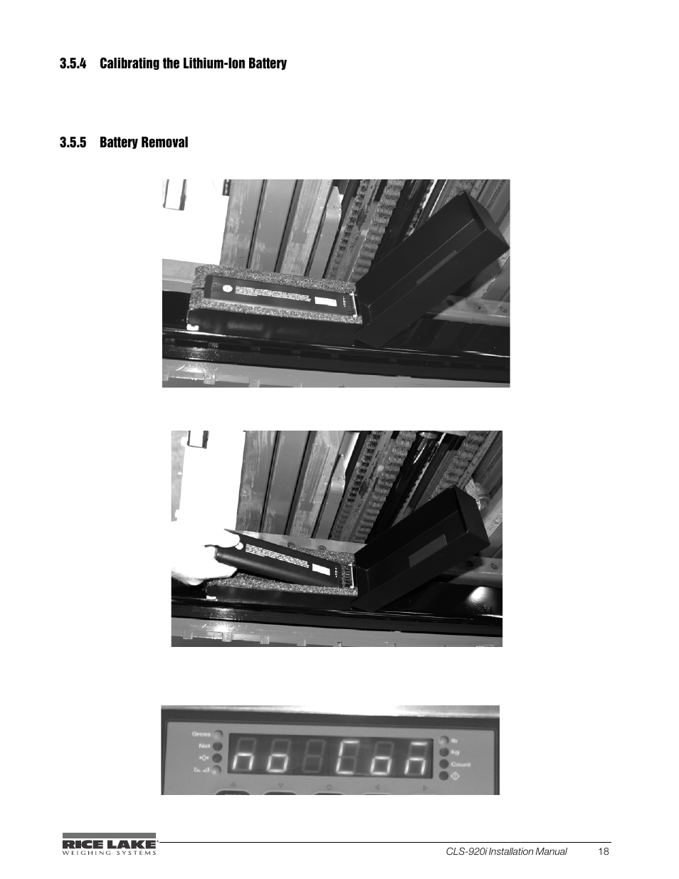 4 calibrating the lithium-ion battery, 5 battery removal, Calibrating the lithium-ion battery | Battery removal | Rice Lake CLS-920i Cargo Lift Scale Installation Manual User Manual | Page 23 / 98