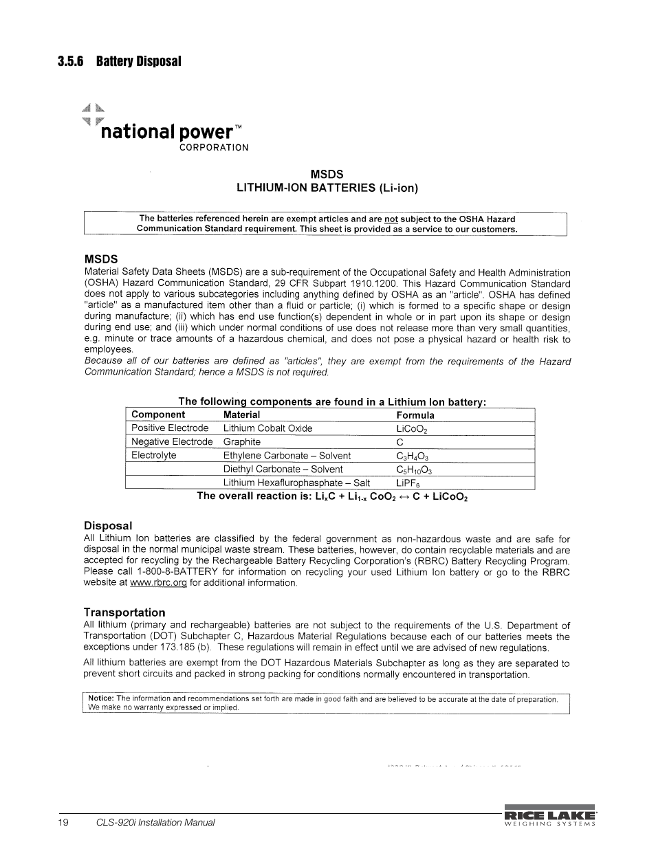 6 battery disposal, Battery disposal | Rice Lake CLS-920i Cargo Lift Scale Installation Manual User Manual | Page 24 / 98