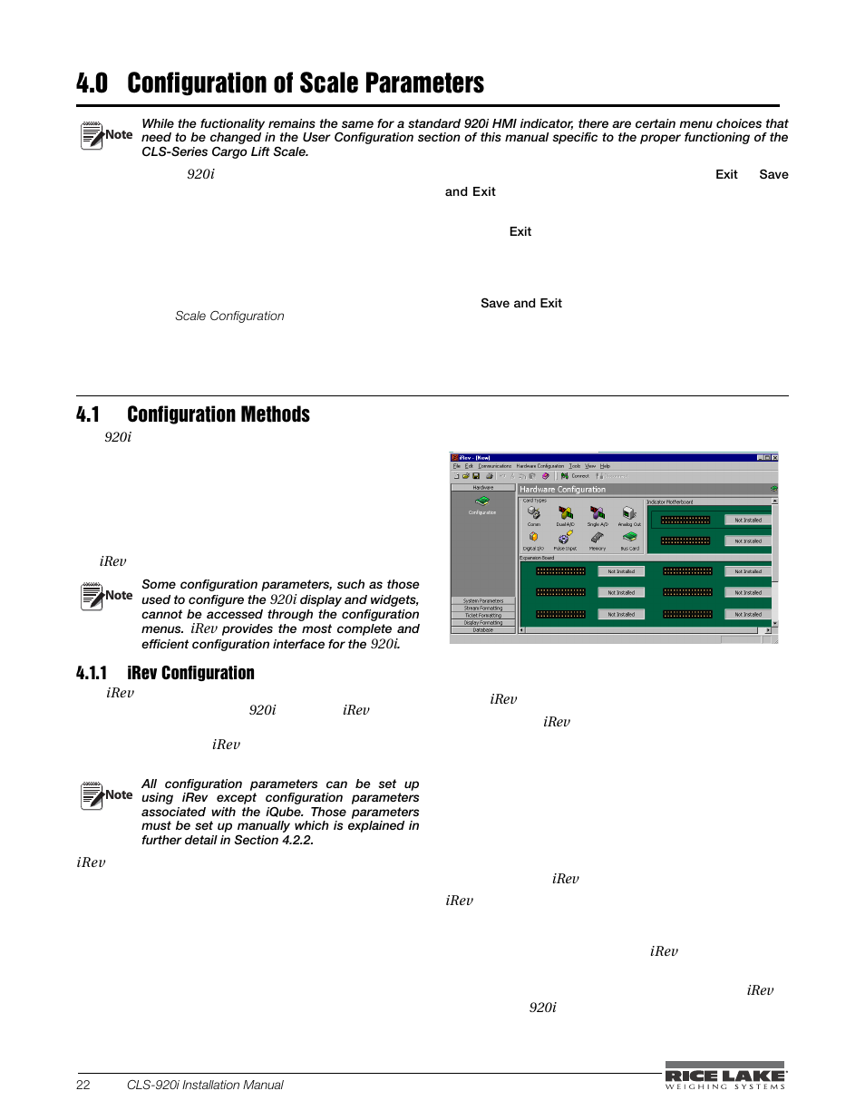 0 configuration of scale parameters, 1 configuration methods, 1 irev configuration | Configuration of scale parameters, Irev configuration | Rice Lake CLS-920i Cargo Lift Scale Installation Manual User Manual | Page 26 / 98