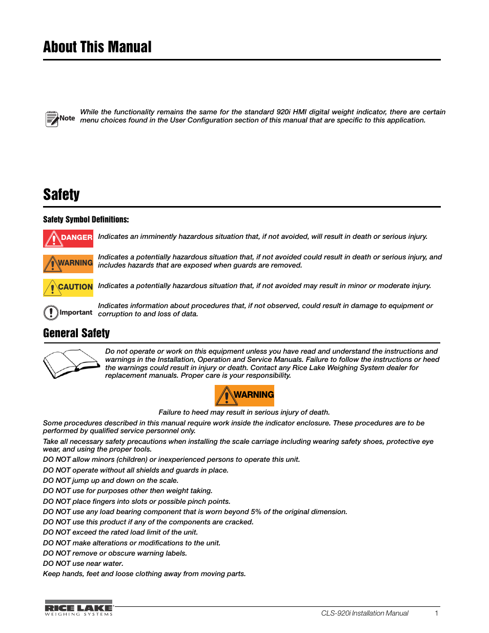 About this manual, Safety, About this manual safety | General safety | Rice Lake CLS-920i Cargo Lift Scale Installation Manual User Manual | Page 5 / 98