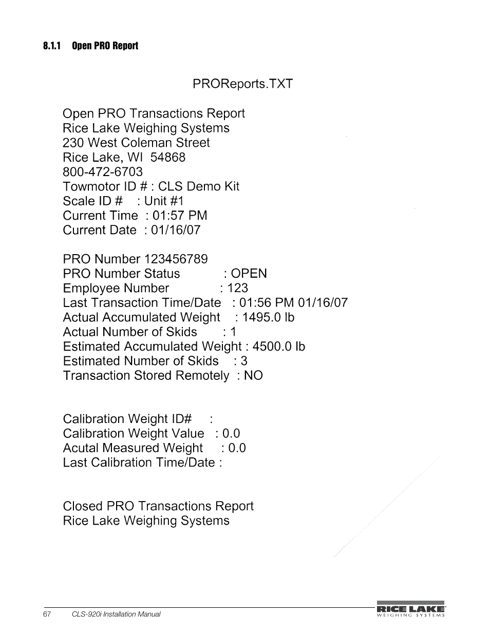 1 open pro report, Open pro report | Rice Lake CLS-920i Cargo Lift Scale Installation Manual User Manual | Page 70 / 98