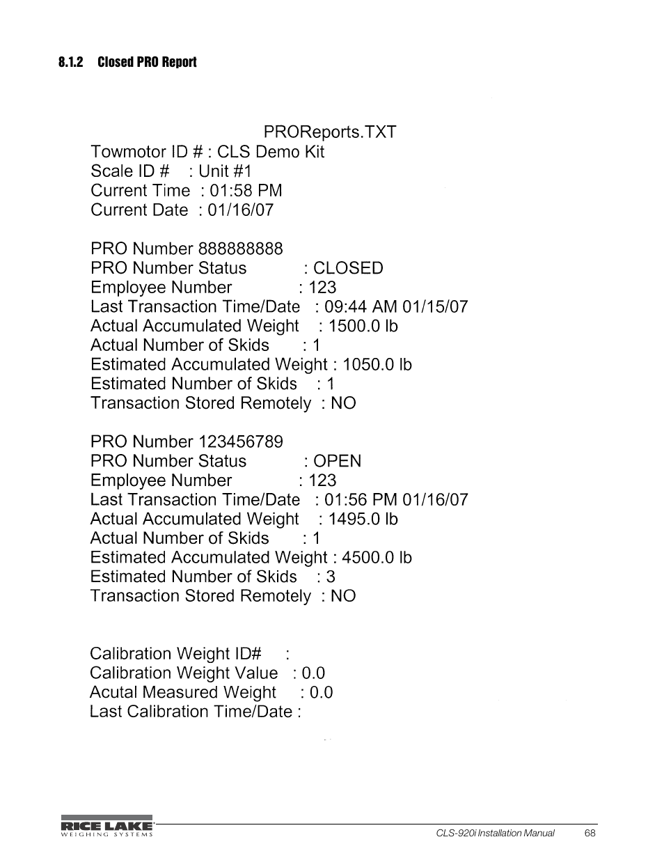 2 closed pro report, Closed pro report | Rice Lake CLS-920i Cargo Lift Scale Installation Manual User Manual | Page 71 / 98