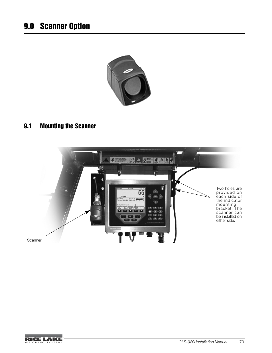 0 scanner option, 1 mounting the scanner, Scanner option | Rice Lake CLS-920i Cargo Lift Scale Installation Manual User Manual | Page 73 / 98