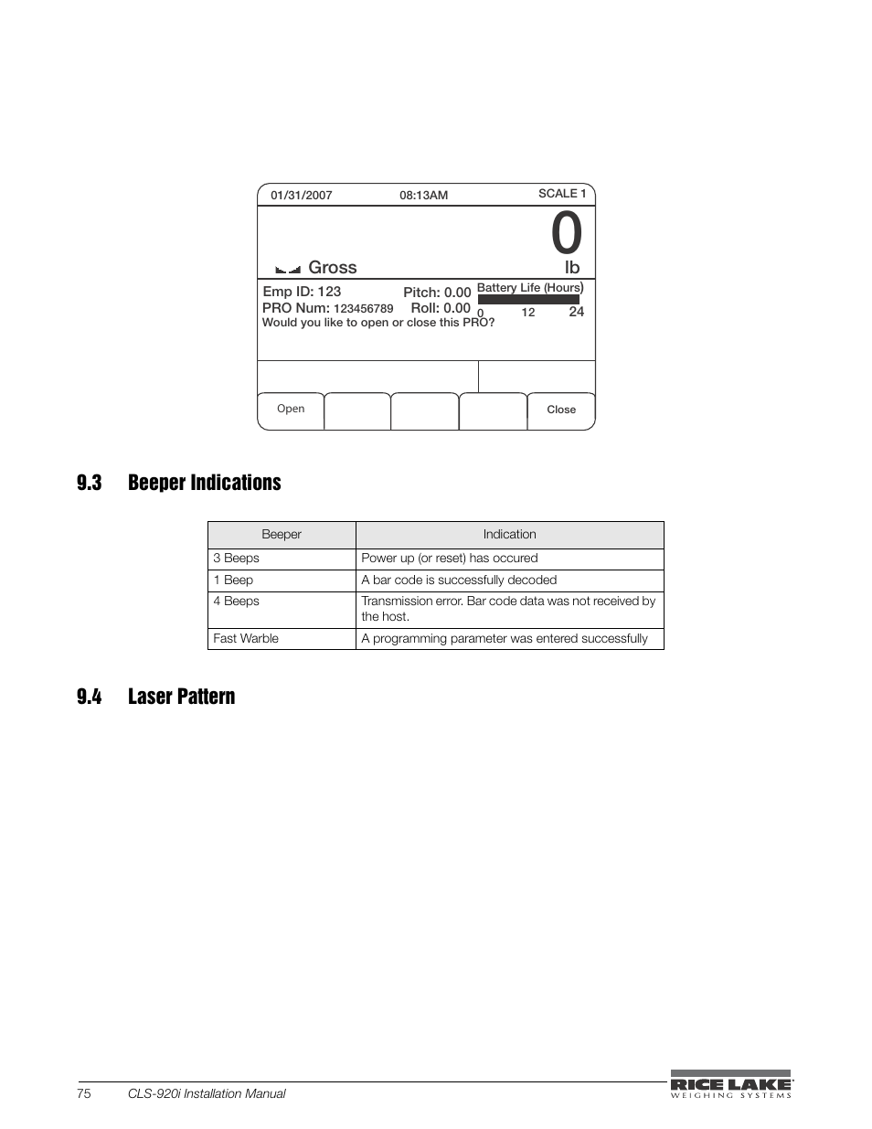 3 beeper indications, 4 laser pattern | Rice Lake CLS-920i Cargo Lift Scale Installation Manual User Manual | Page 78 / 98