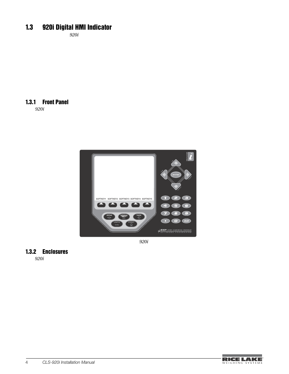 3 920i digital hmi indicator, 1 front panel, 2 enclosures | Rice Lake CLS-920i Cargo Lift Scale Installation Manual User Manual | Page 8 / 98