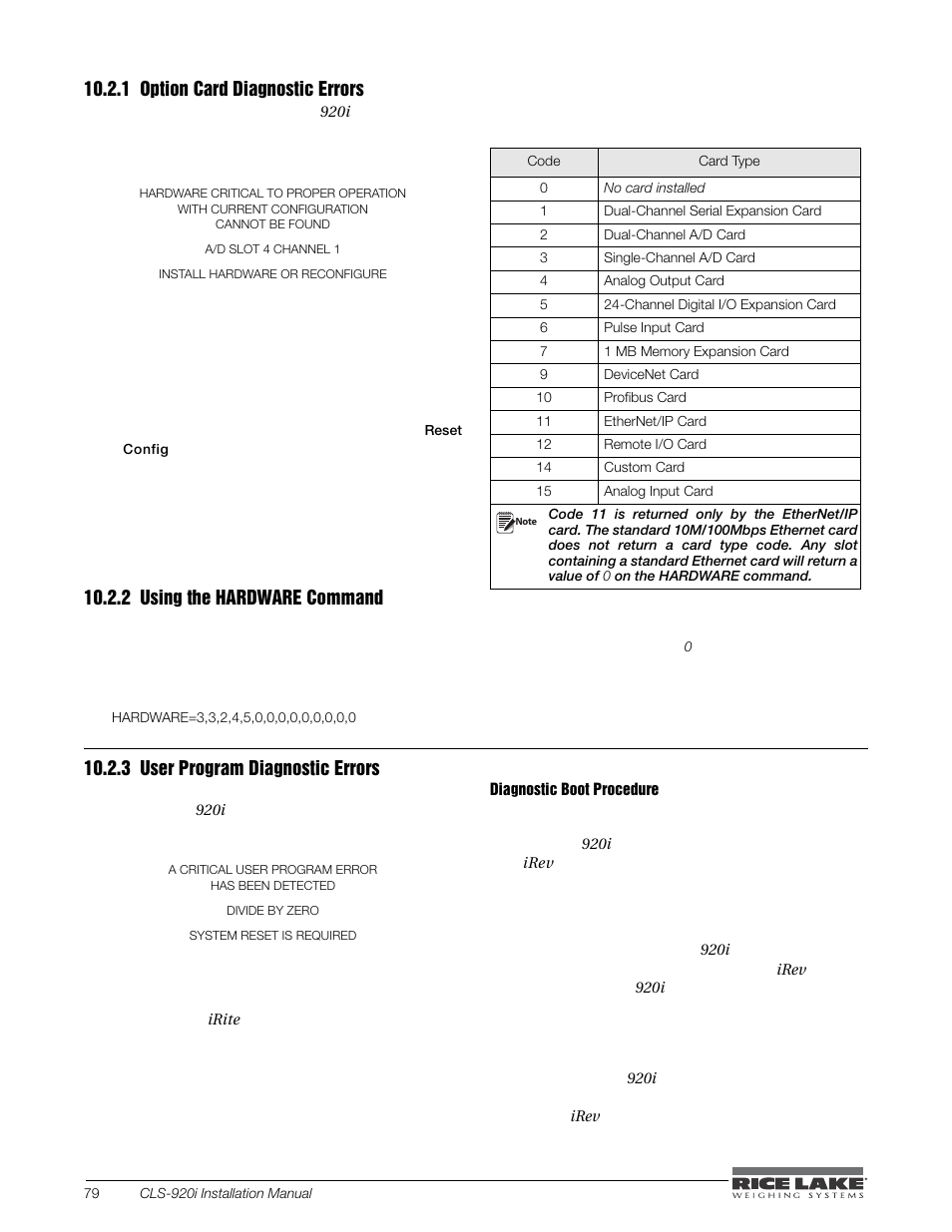 1 option card diagnostic errors, 2 using the hardware command, 3 user program diagnostic errors | Option card diagnostic errors, Using the hardware command, User program diagnostic errors | Rice Lake CLS-920i Cargo Lift Scale Installation Manual User Manual | Page 82 / 98