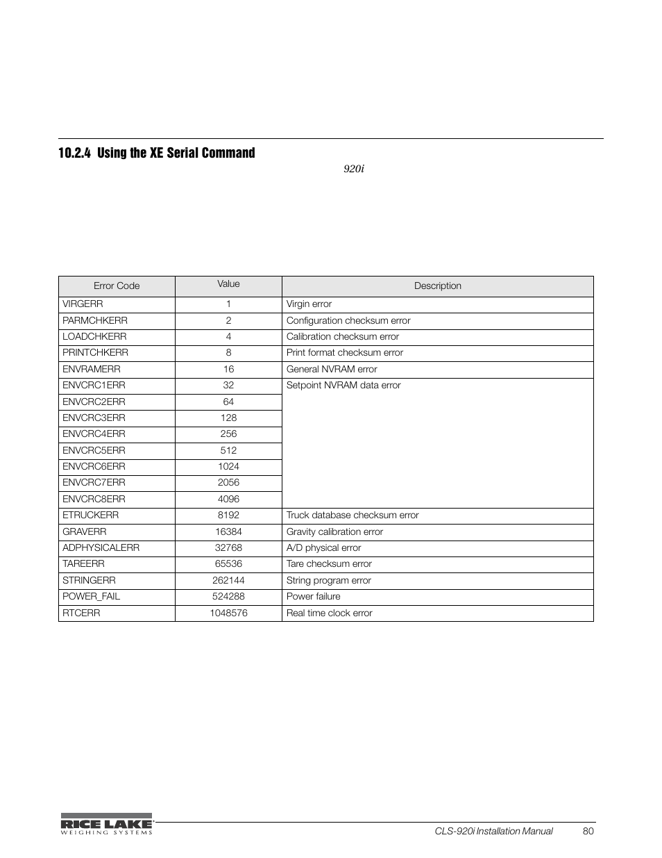 4 using the xe serial command, Using the xe serial command | Rice Lake CLS-920i Cargo Lift Scale Installation Manual User Manual | Page 83 / 98