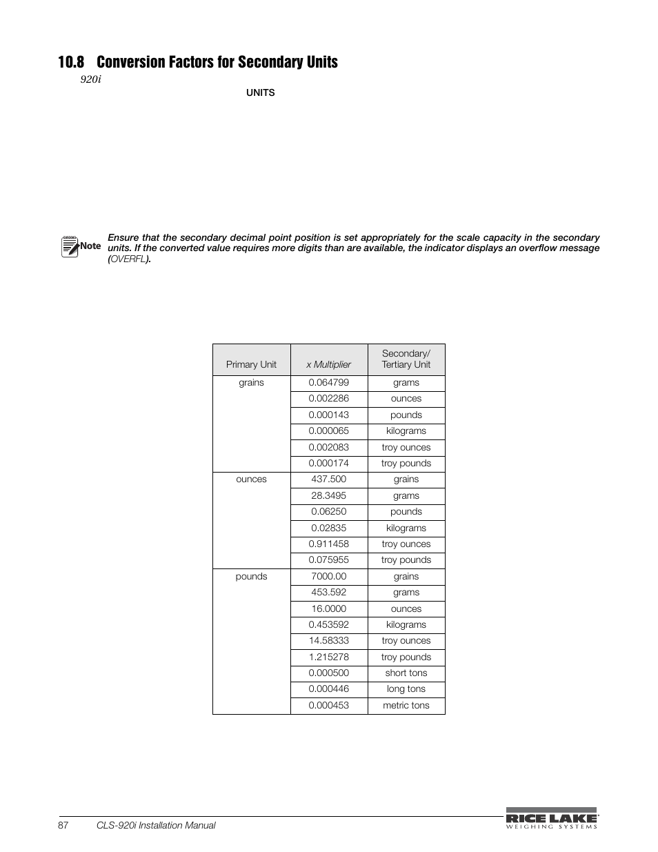 8 conversion factors for secondary units | Rice Lake CLS-920i Cargo Lift Scale Installation Manual User Manual | Page 90 / 98