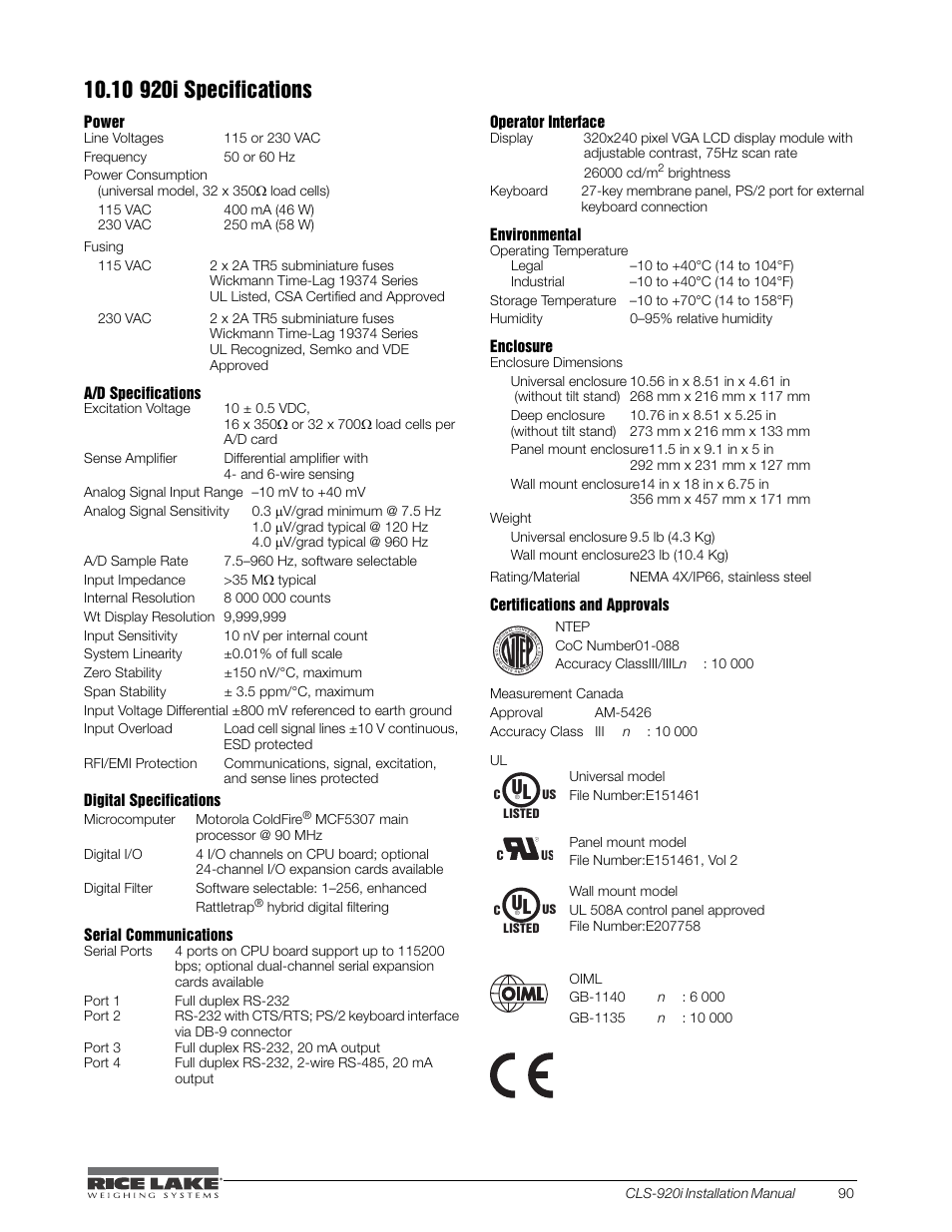 10 920i specifications | Rice Lake CLS-920i Cargo Lift Scale Installation Manual User Manual | Page 93 / 98